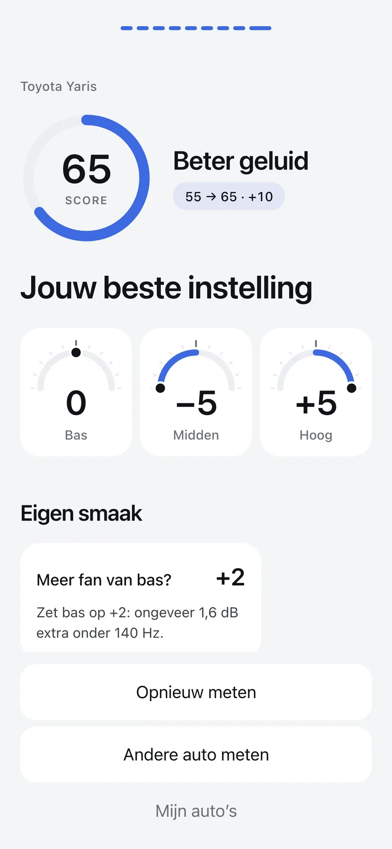 Resultaatscherm van Tuno: score 55 naar 65, bas 0, midden −5, hoog +5